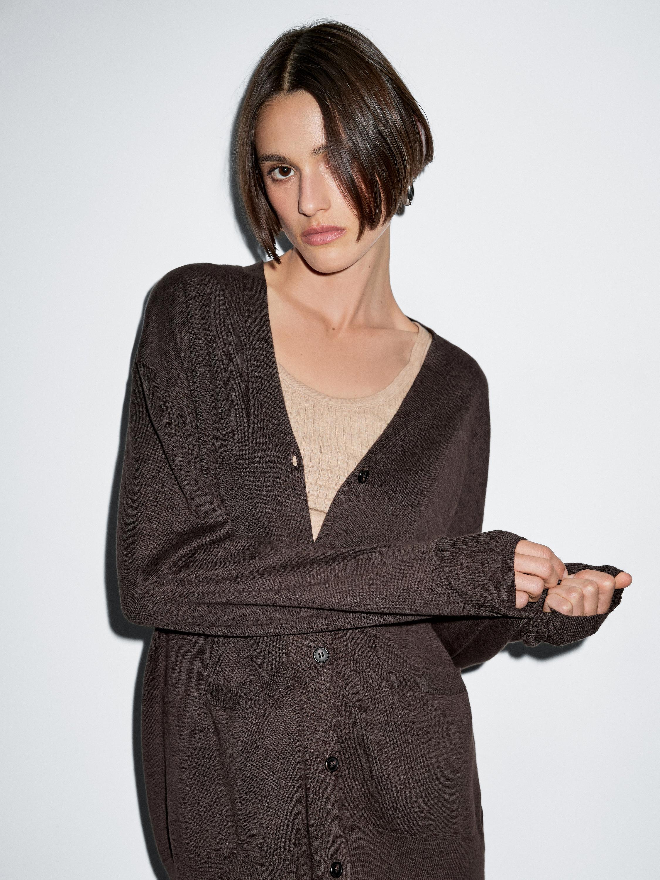 Long linen blend knit cardigan